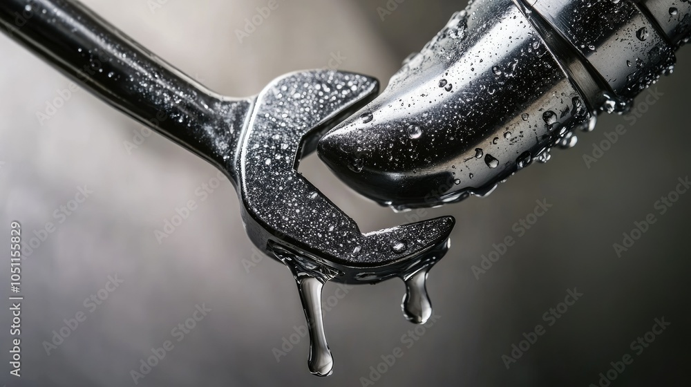 Poster wrench attempting to tighten a pipe joint with a small water leak, damp spot visible.