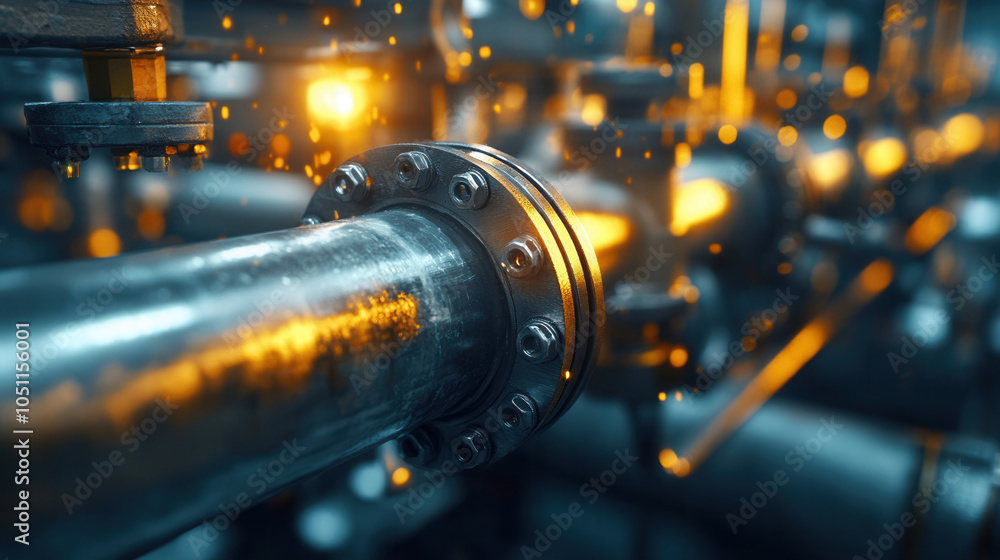 Poster close up of metal pipe being installed, showcasing intricate details and glowing elements. industria