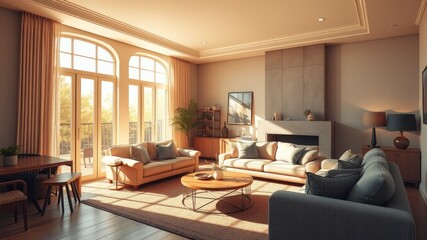 Fototapeta premium Beautiful Living Room Interior Photography with Sunny Warm Shadows and Free Space