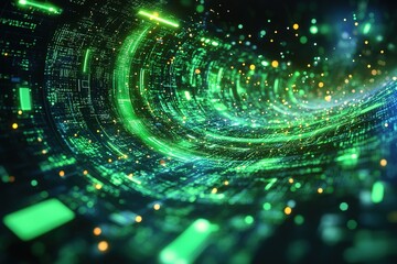 Abstract digital tunnel with glowing green lights and particles.