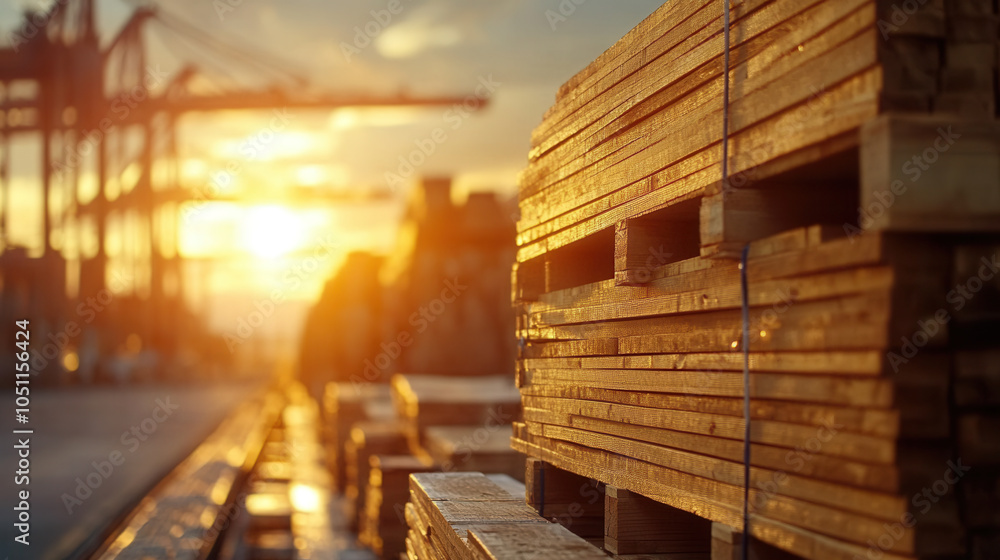 Aufkleber sunset over loading dock with stacks of wooden pallets, creating warm and industrial atmosphere. sce