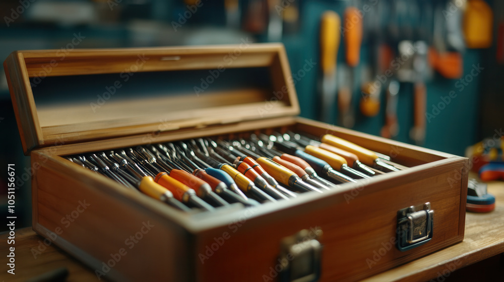 Poster close up of wooden toolbox lid opening, revealing array of colorful tools inside. organized tools sh