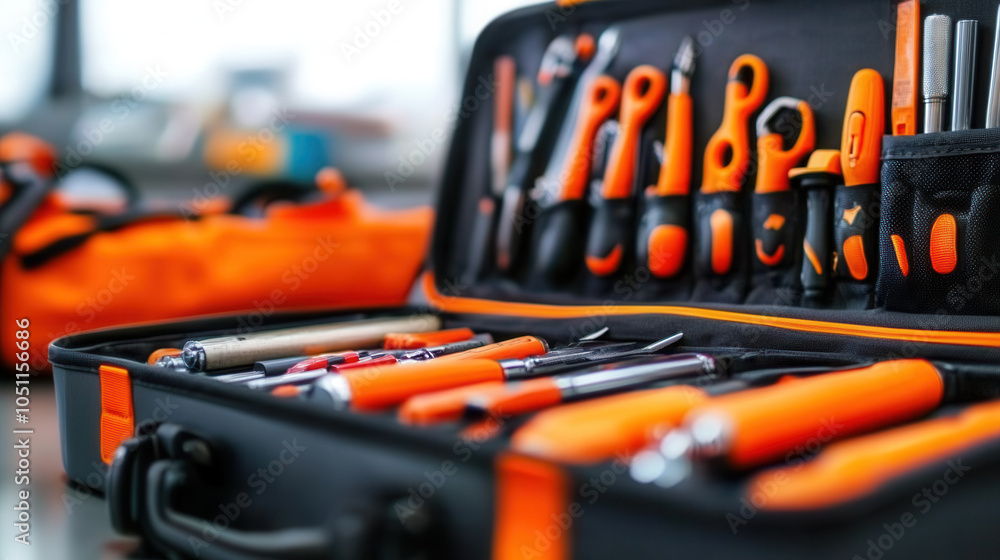 Poster close up view of open toolbox filled with various tools, showcasing vibrant orange handles and well 