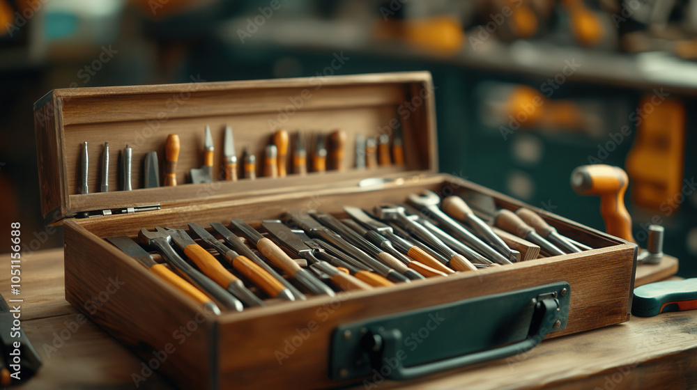 Poster close up of wooden toolbox lid opening, revealing array of neatly organized tools, showcasing crafts