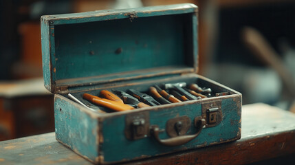 close up of vintage toolbox lid opening, revealing array of tools inside. rustic blue color and worn texture evoke sense of craftsmanship and nostalgia