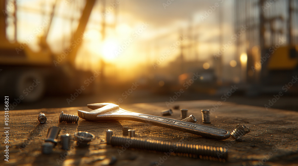 Poster close up of wrench and bolts on workbench, illuminated by warm sunlight, creating serene and industr