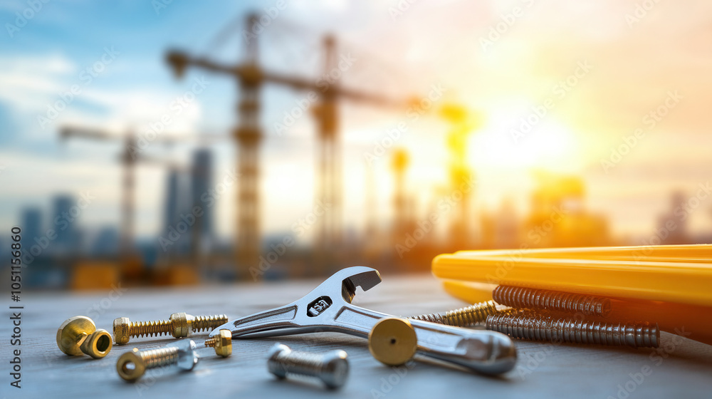 Poster close up of wrench and various bolts on workbench, with construction site in background. scene captu