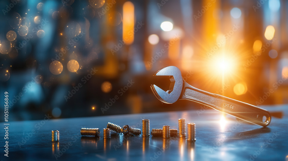 Poster close up of wrench and bolts on workbench, illuminated by warm light, creating dynamic and engaging 