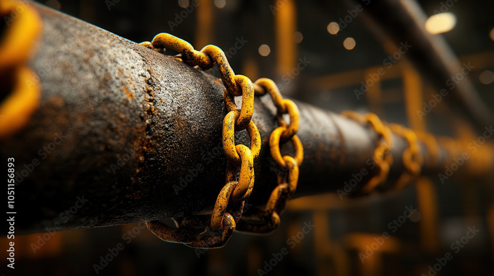 Poster close up of rusty oil pipeline with chain, showcasing its textured surface and industrial environmen
