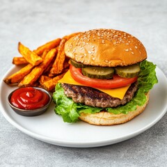 A classic beef burger with lettuce, tomato, pickles