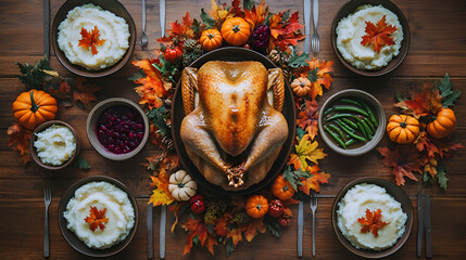 Roasted turkey, mashed potatoes, cranberry sauce, green beans, and autumn leaves on a rustic wood table for a Thanksgiving dinner.