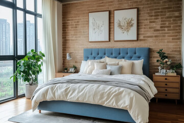 Wooden blue bed grey fabric headboard Loft interior design