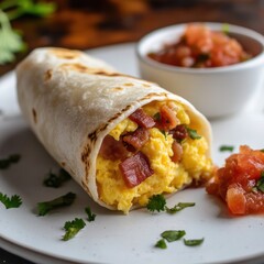 A classic breakfast burrito filled with scrambled eggs, bacon, and cheese