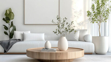 Round wood coffee table against white sofa Scandinavian style living room.