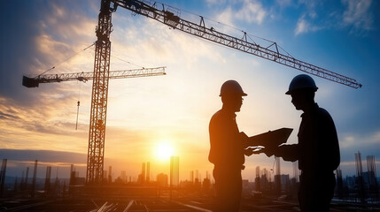 Construction site at sunset with silhouettes of workers discussing plans. scene captures essence of teamwork and dedication in construction industry