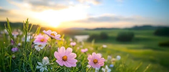 Obraz premium Cosmos Flower Field at Dusk with Glowing Sky and Twinkling Stars Transitioning from Day to Night in a Serene Atmospheric Landscape