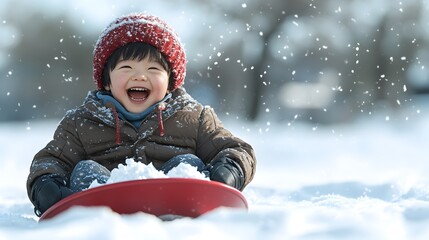 Joyful child sledding in snowy winter wonderland