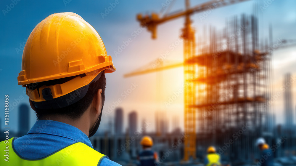 Poster construction site with workers wearing safety helmets, focusing on scaffolding and cranes against su