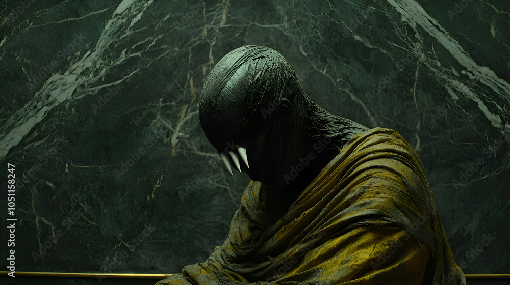 Wall mural A dark and mysterious figure in a yellow robe sits against a marble wall.