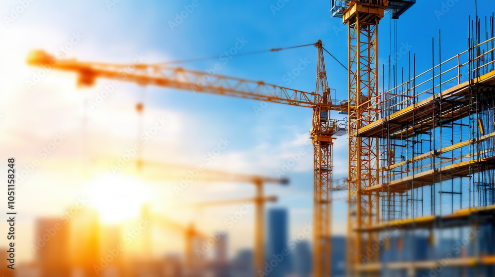 Poster construction site with cranes and scaffolding under bright sky, showcasing progress of urban develop