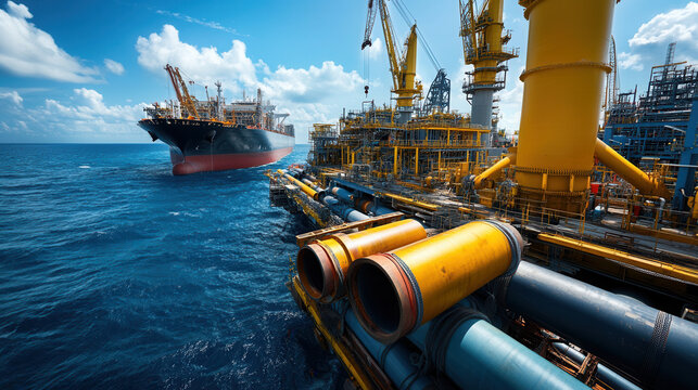 Large industrial ship docked near vibrant offshore platform, showcasing busy cargo area with pipes and machinery against clear blue sky