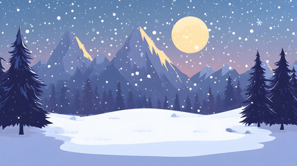 Fototapeta premium Snowy Mountain Landscape with Full Moon, winter, mountains, forest, trees, night