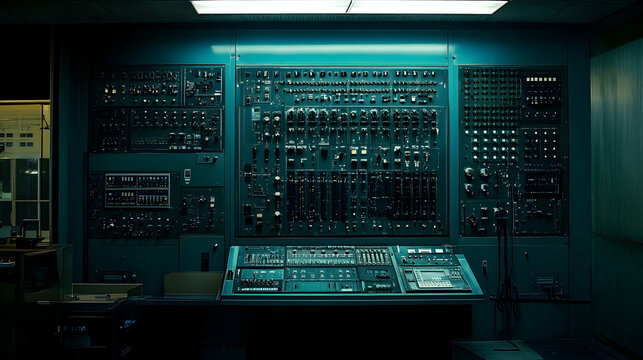 Control Panel Room, control room, switches, buttons, dials, knobs