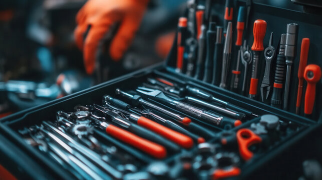 detailed view of toolbox filled with various tools, showcasing variety of wrenches, pliers, and screwdrivers, all organized neatly for easy access and use. vibrant colors of tools add dynamic touch