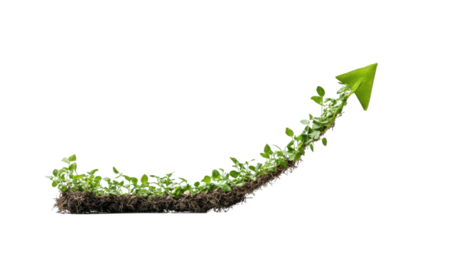 Green arrow created with live plants and soil, representing environmental growth, sustainability, and upward progress, isolated on transparent background.