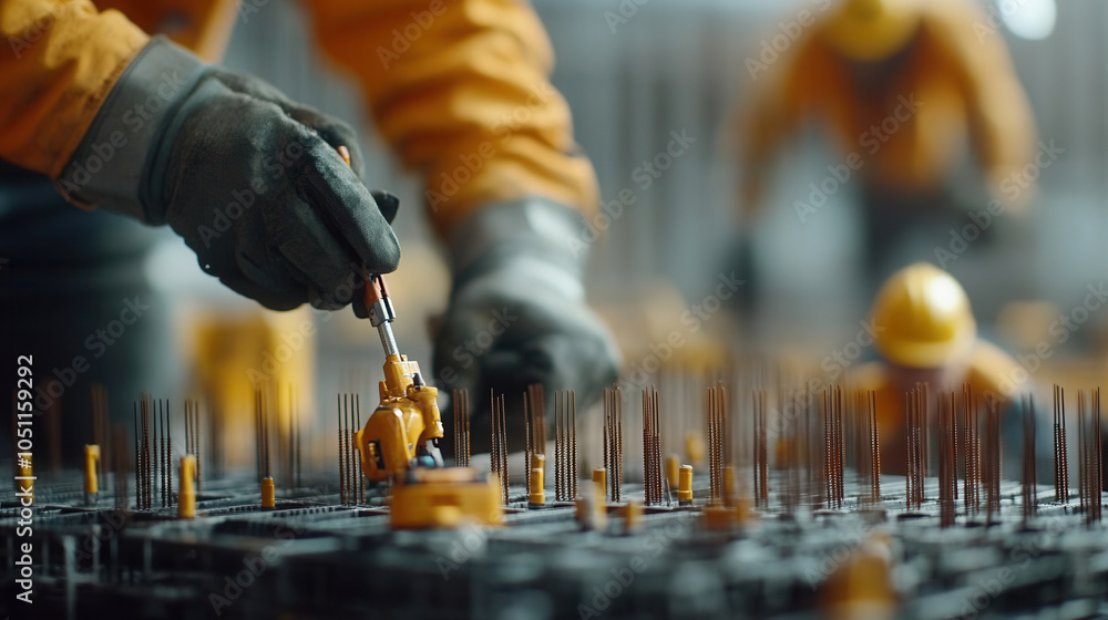Poster construction workers are engaged in construction site, using tools to manipulate rebar and other mat