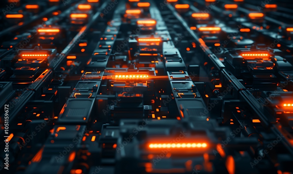 Poster futuristic manufacturing plant producing high-tech components with automated robotic systems