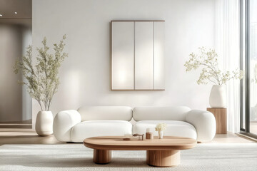 White and clean Minimalist living room , japandi interior design of modern
