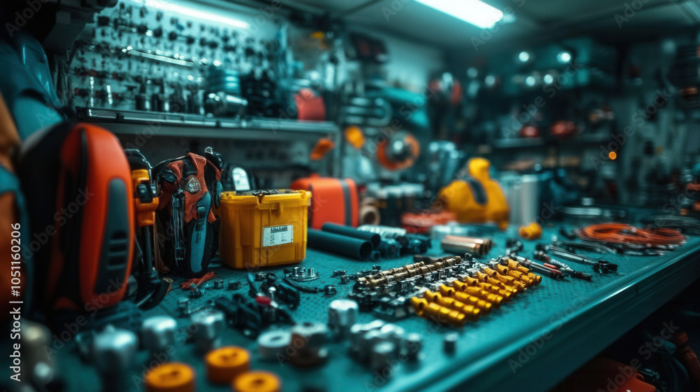 Poster well organized workshop filled with various tools and equipment, showcasing vibrant array of colors 
