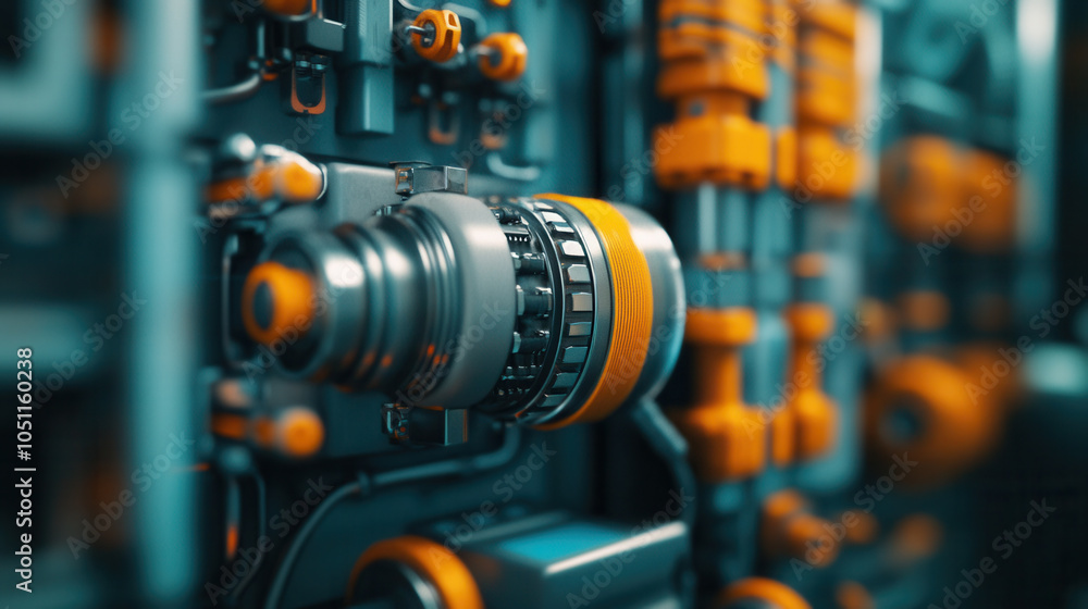 Poster macro shot of ships engine room showcasing intricate machinery with vibrant orange and metallic comp