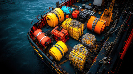 Cargo hold filled with various colorful containers and equipment on ship, showcasing vibrant maritime scene. arrangement of items creates interesting visual texture