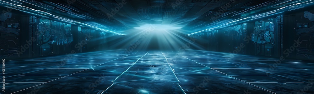 Poster high-tech industrial hub with autonomous robots managing logistics and renewable energy