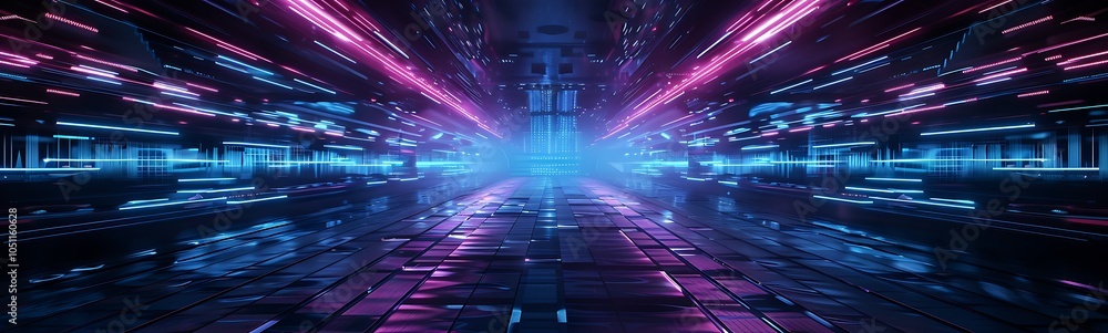 Poster high-tech industrial hub with autonomous robots managing logistics and renewable energy