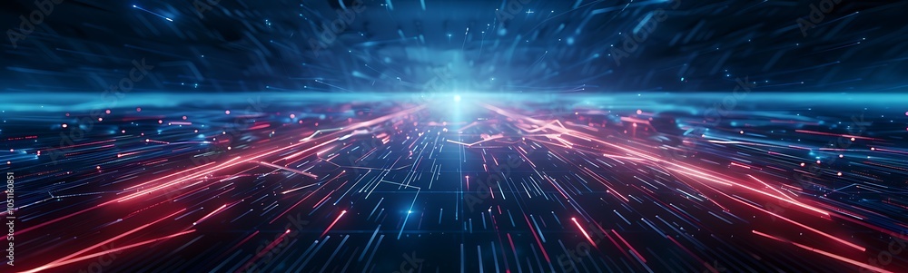 Poster high-tech industrial hub with autonomous robots managing logistics and renewable energy