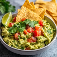 A bowl of fresh guacamole with chunks of avocado, tomatoes, and cilantro