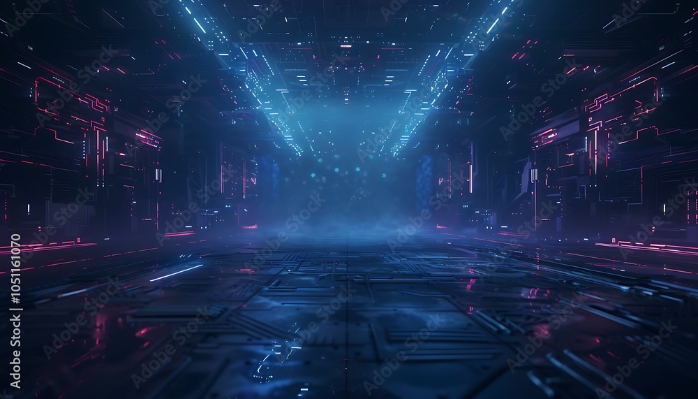 Poster Cyberpunk Factory with Neon Lights and Advanced Robotics Controlling Digital Production Systems, Featuring Real-Time Holographic Data Displays