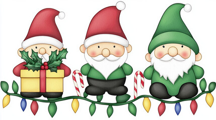 Fototapeta premium Three playful gnomes in festive holiday attire, joyfully celebrating with gifts and candy canes. Their cheerful expressions add to holiday spirit
