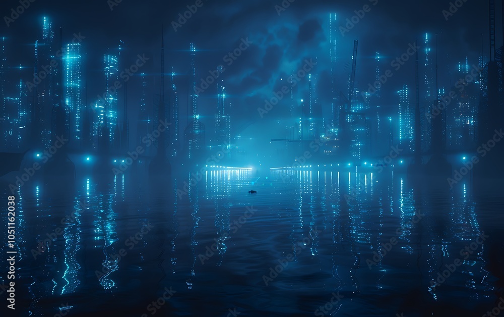 Poster high-tech industrial port with autonomous ships and robotic cranes, monitored by digital systems and