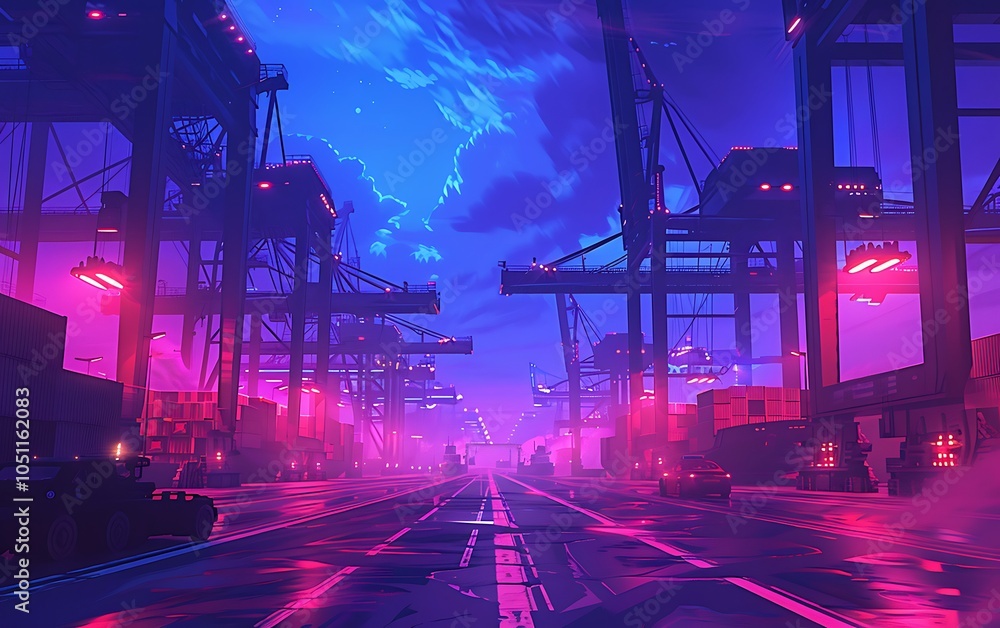 Poster high-tech industrial port with autonomous ships and robotic cranes, monitored by digital systems and