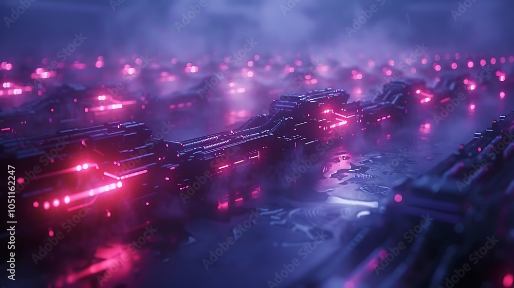 Poster Futuristic Factory With Neon Lights and Advanced Robotics, Where AI Controls Autonomous Manufacturing Processes With Precision