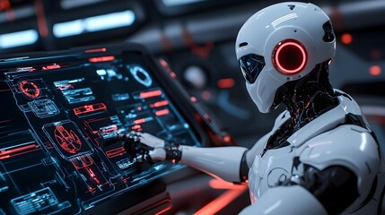 Fototapeta premium A skilled robot mechanic meticulously adjusts the engine of a sleek high performance futuristic race car