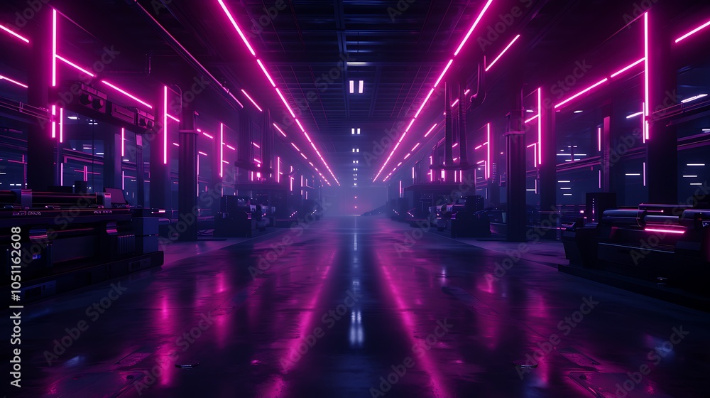 Aufkleber Futuristic Factory With Neon Lights and Advanced Robotics, Where AI Controls Autonomous Manufacturing Processes With Precision
