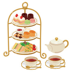 アフタヌーンティースタンドに乗った軽食と紅茶セット