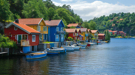 Obraz premium Colorful Houses on the Waterfront, boats, dock, harbor, marina, sea