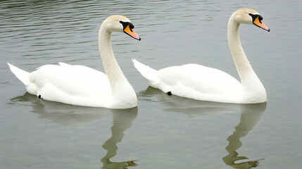 Obraz premium Two Swans Swimming in a Lake, white swan, white swans, bird, birds, water