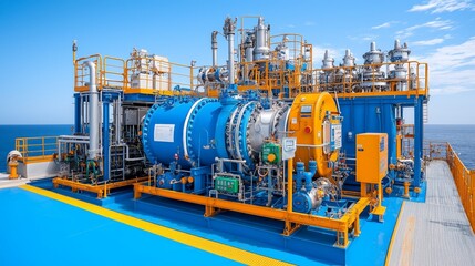Industrial machinery and equipment on a ship with a blue background.
